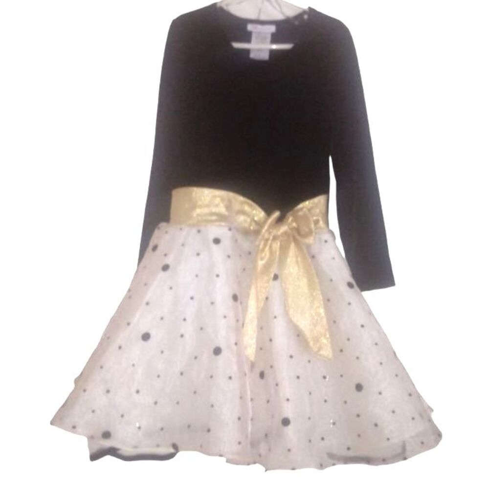 BONNIE JEAN girls size 7 vintage black velvet polka dot skirt gold bow dress